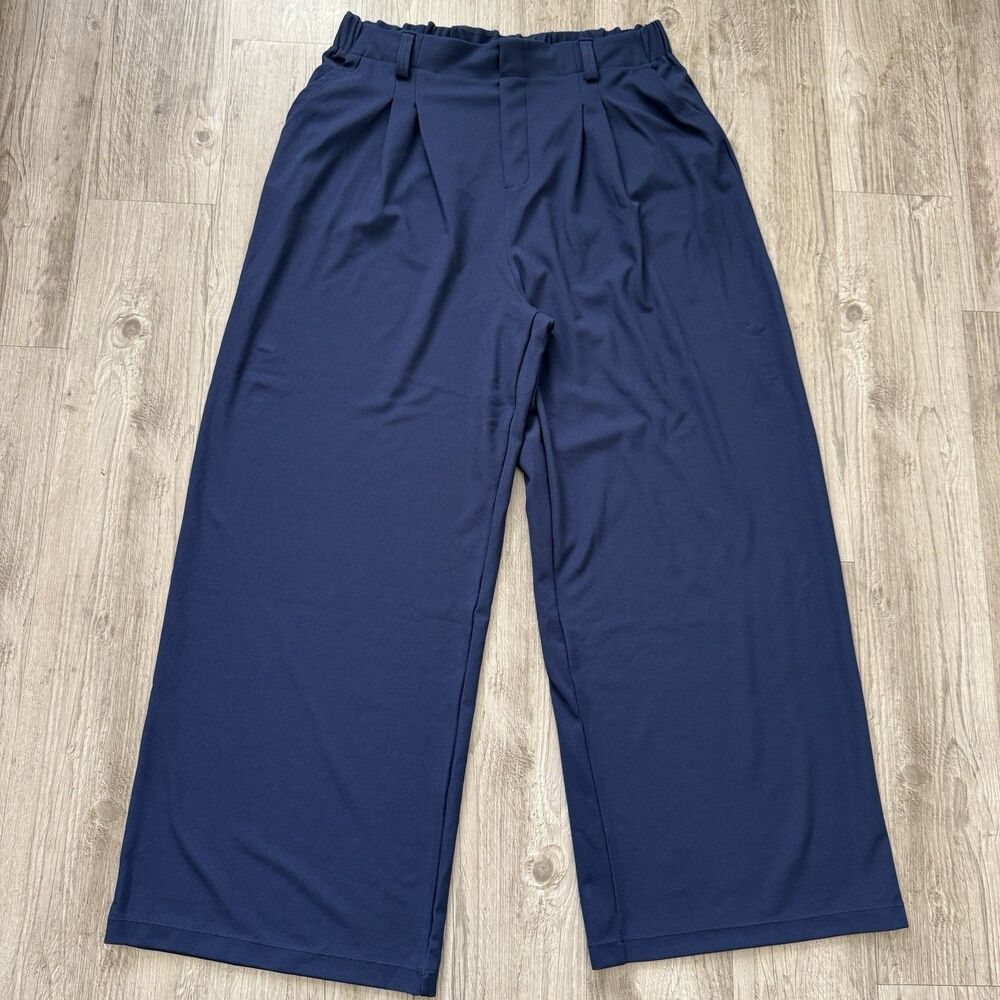 Halara Flex Tall Wide Leg Work Pants XL Navy Blue Waffle Knit Pleated High Waist